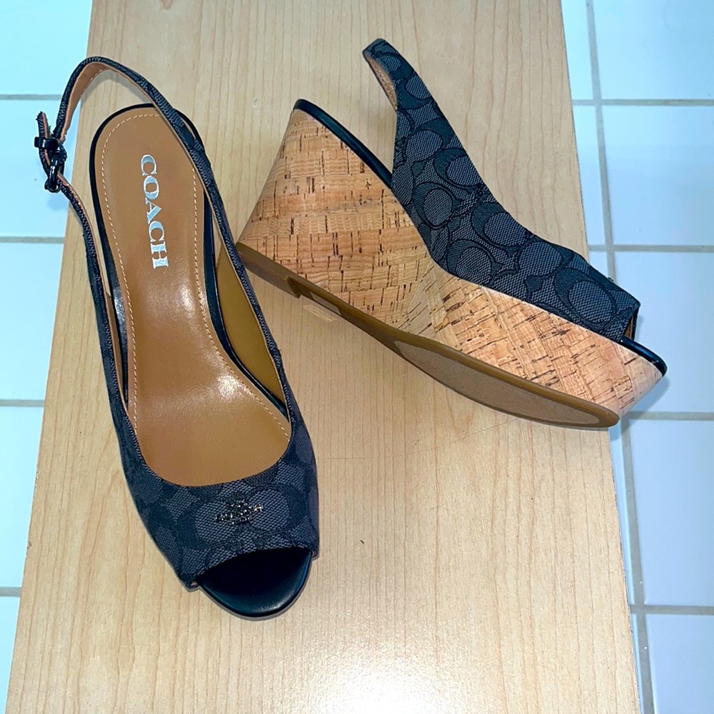 Coach Ferry Slingback Monogram Cork Wedges Size 8